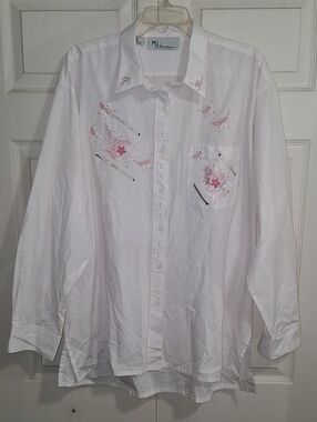 MiLi Designs Button-Down Shirt - Pink Floral Embroidery - White Pink Stripes- 1X